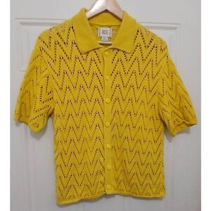 Bdg womens small yellow open knit top eyelet  blouse button front